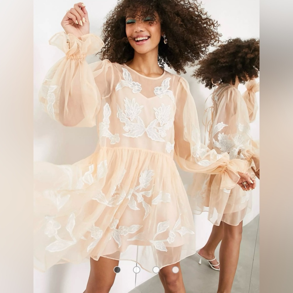 ASOS embroidered organza mini smock dress in pink